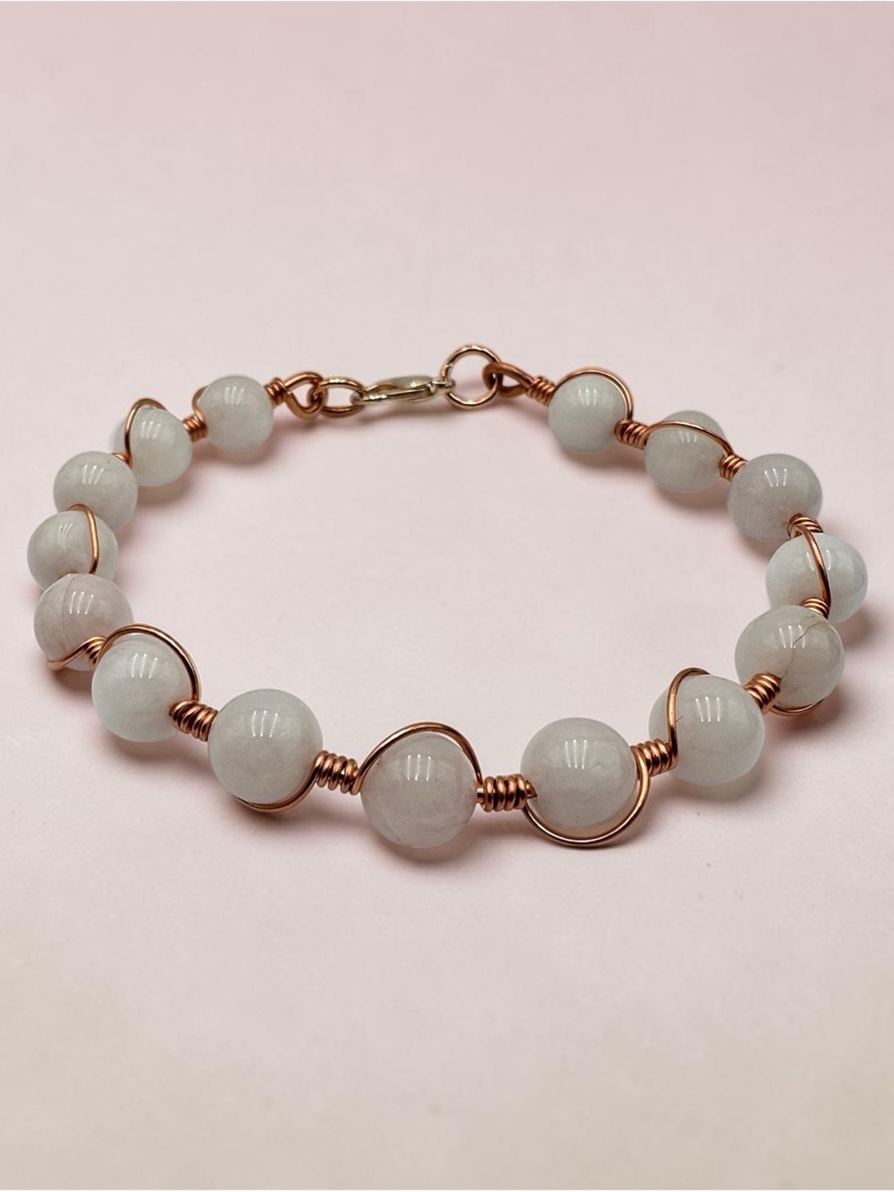 Handmade Rose Quartz Gemstone Beaded Bracelet with Copper Wire Wrap
